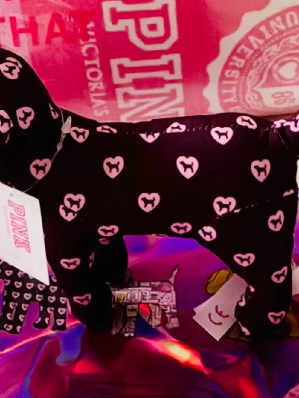 PINK Victoria's Secret Deep Burgundy Plush Dog Pillow with Pink Heart Prints.